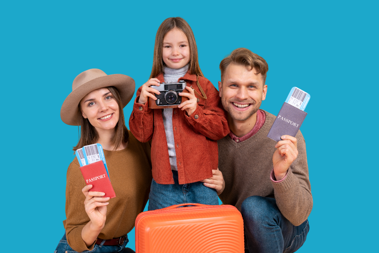 family with daughter holding passports luggage ready travel Photoroom